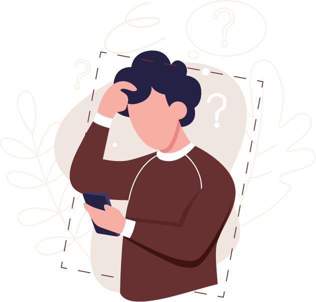 Illustration of a person holding a phone with question marks
