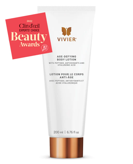 Vivier Age-Defying Body Lotion tube with 2022 Clin d'oeil Beauty Awards badge