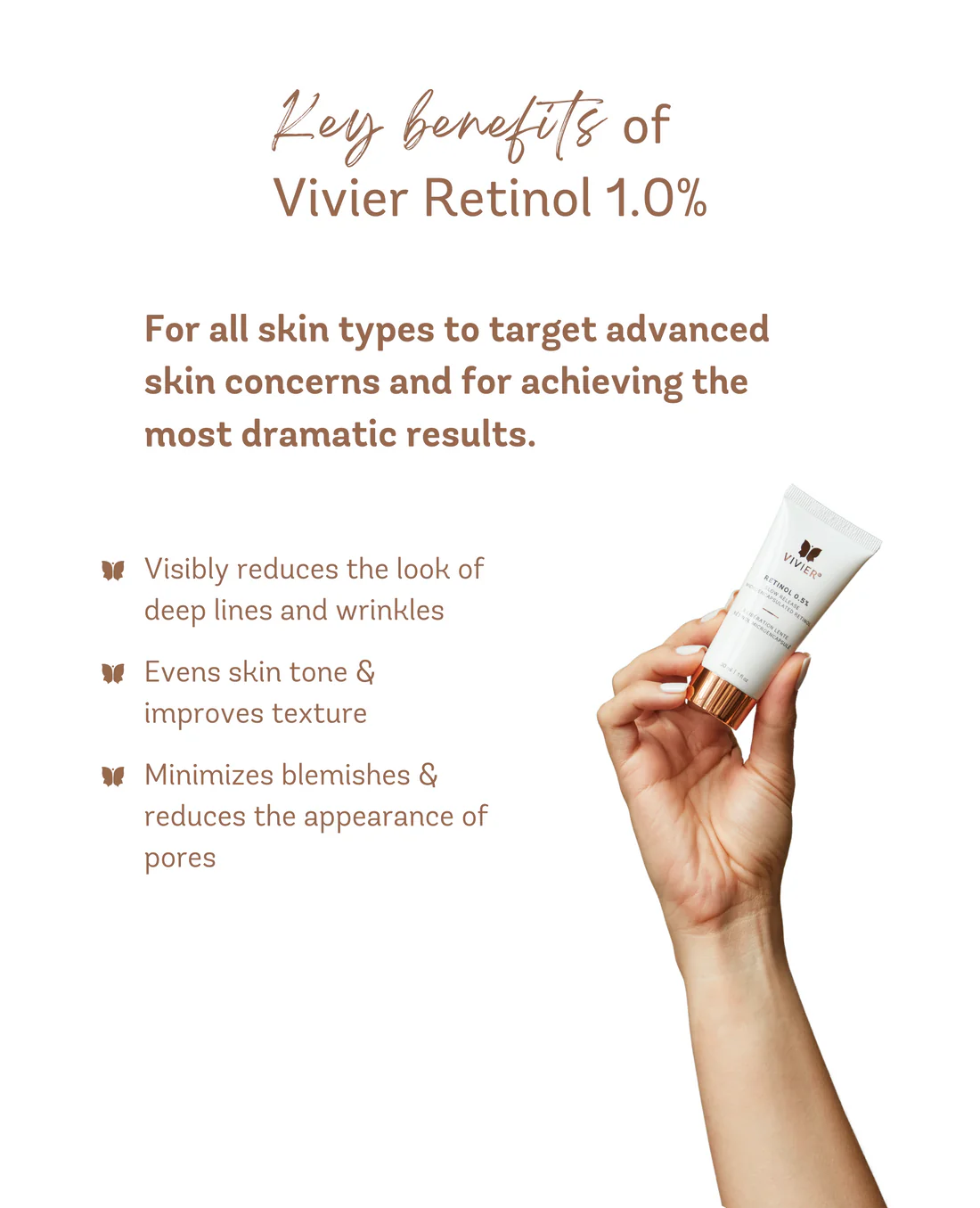Vivier Retinol 1.0% product information card with a tube held in a hand