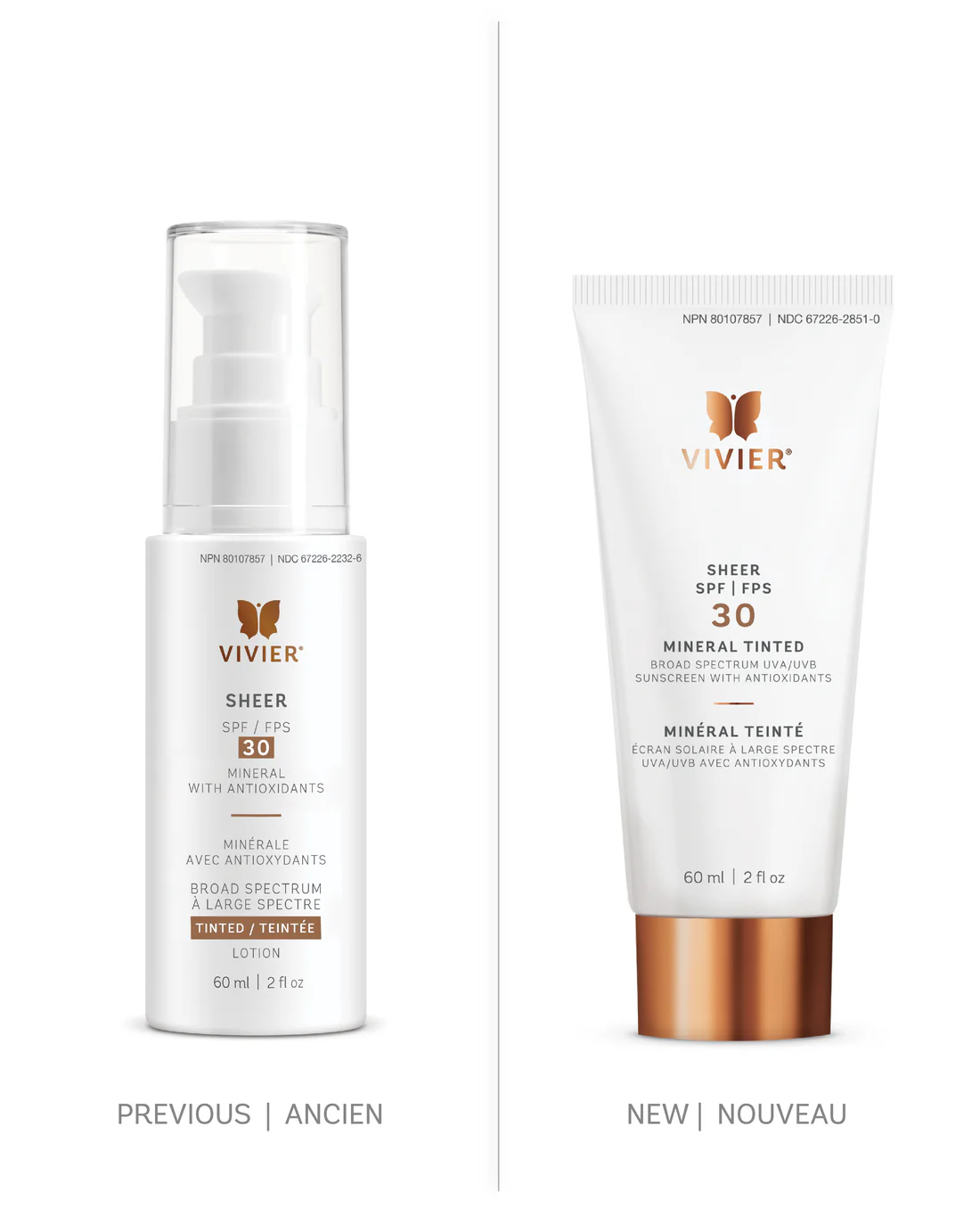 Vivier SHEER SPF 30 Mineral Tinted previous and new packaging shown side by side