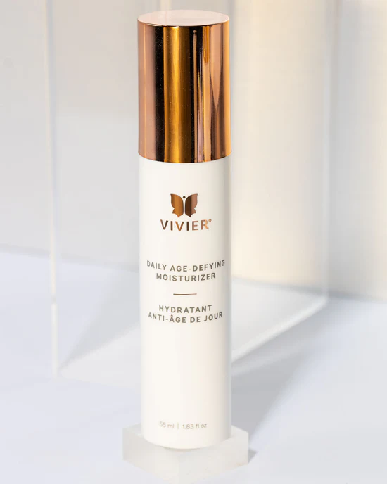 Vivier Daily Age-Defying Moisturizer bottle on a clear display block